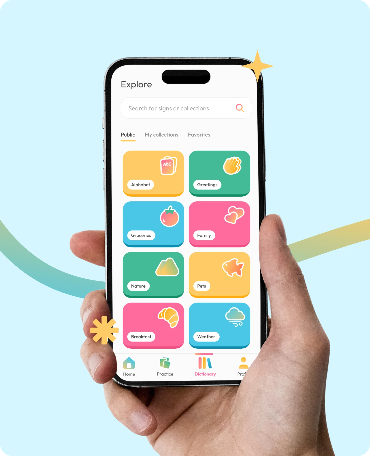 SignLab app Explore screen showing sign collections such as Alphabet, Greetings, Groceries and Family