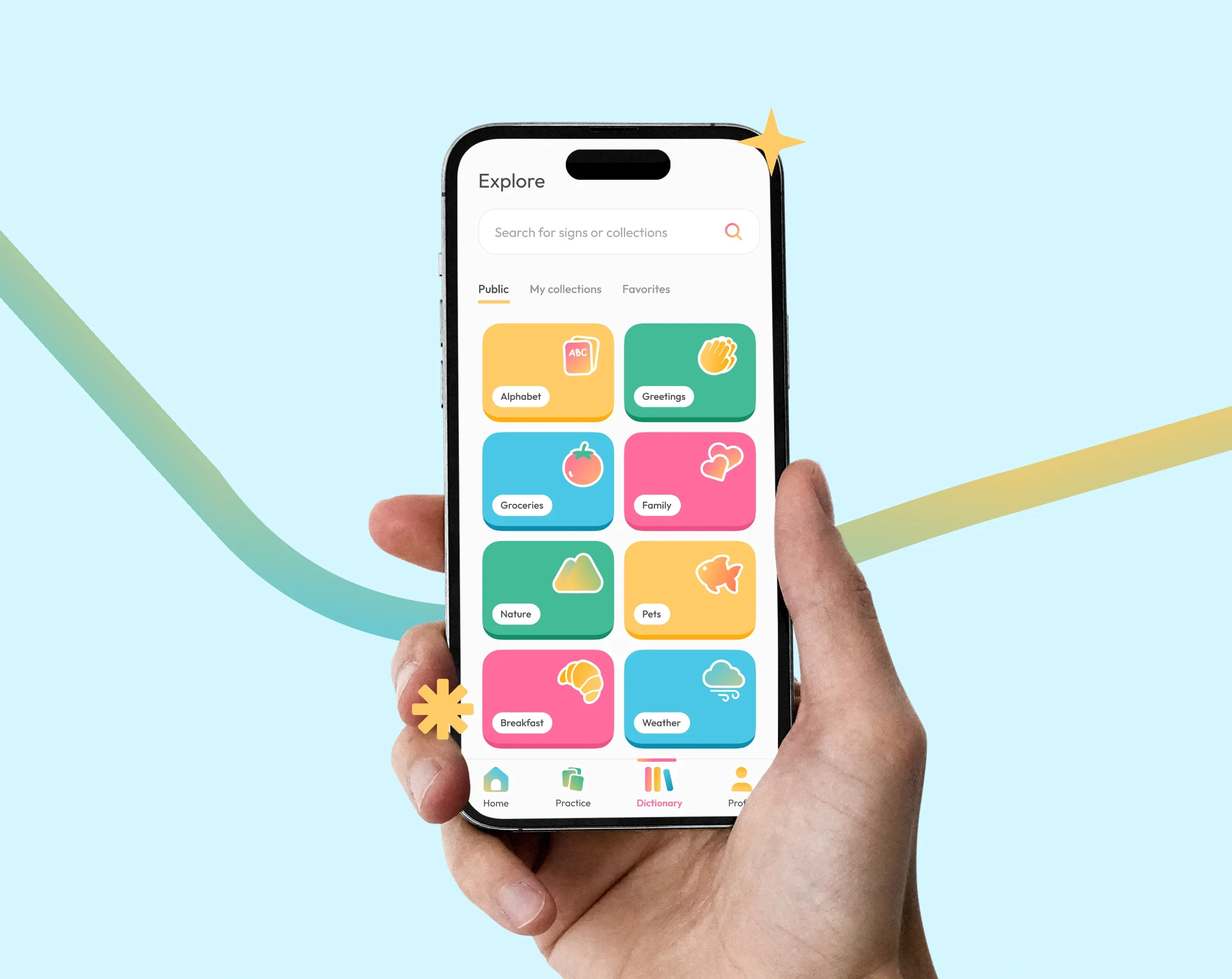 SignLab app Explore screen showing sign collections such as Alphabet, Greetings, Groceries and Family